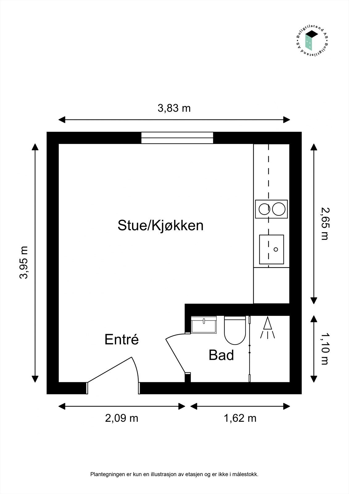 Effektivt planlagt leilighet med stue/kjøkken, bad og entré. Galleribilde