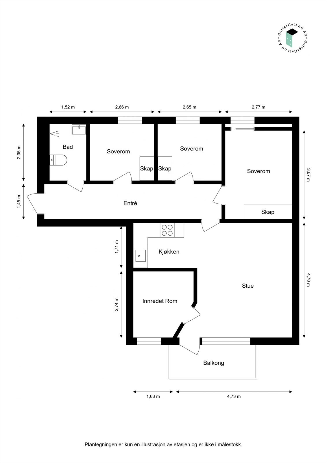 Det er i senere tid etablert et ekstra rom i deler av stuen. Rommet benyttes som soverom, men omtales som "innredet rom" da det ikke tilferedstiller kravet til ventilasjonstilførsel ved boligens byggeår. Det er også bod i kjeller på 7 kvm. Galleribilde
