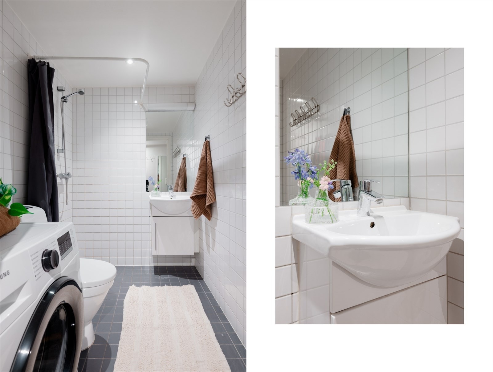 Romslig, lyst baderom med varmekabler i gulv og opplegg for vaskemaskin. Galleribilde