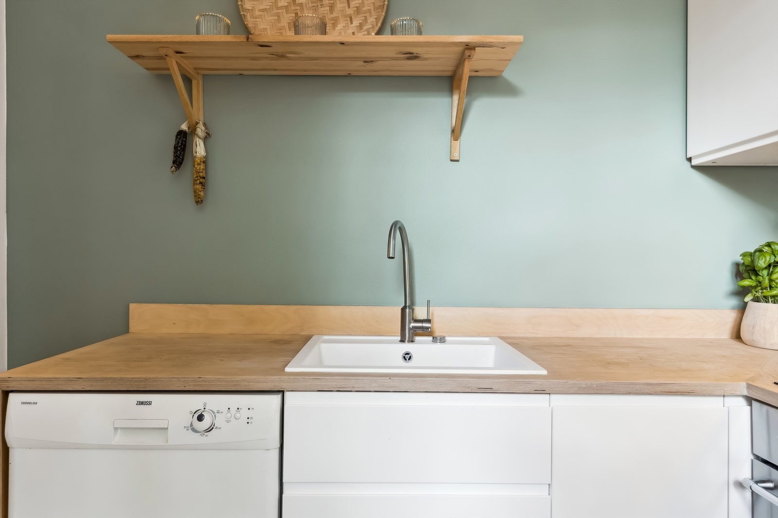 Opplegg for oppvaskmaskin og automatisk vannstopper er montert. Galleribilde