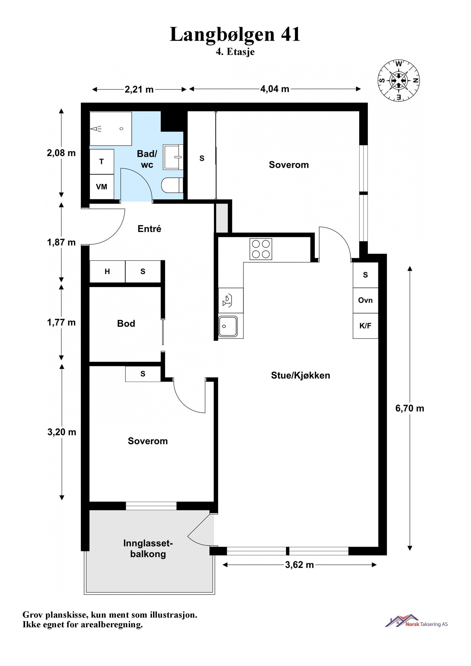 Planskisse. Utover overnevnte areal disponerer leiligheten kjellerbod på 3,6 m² og skap i tidligere kjølerom på 0,4 m². Galleribilde