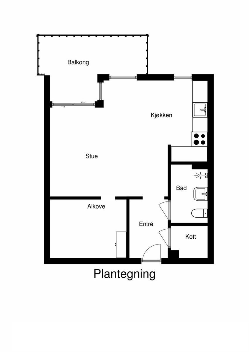 Planskisse. Utover overnevnte areal disponerer leiligheten loftsbod på 2,8 m² og kjellerbod på 3,4 m². Galleribilde