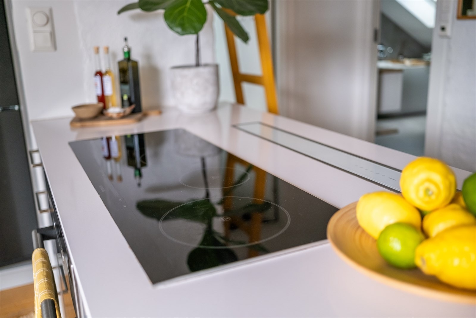 Integrert platetopp med kullfilter, stekeovn, kjøleskap og oppvaskmaskin. Galleribilde