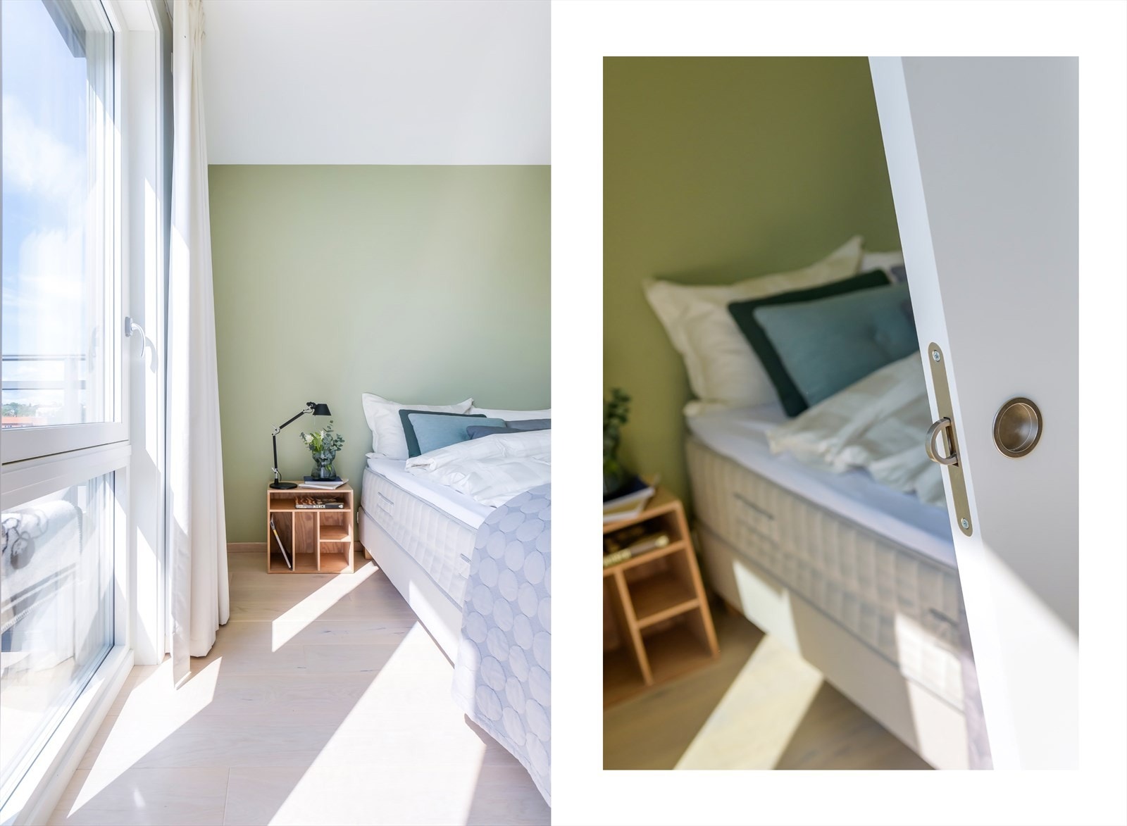 Soverommet er malt i en behagelig grønnfarge og pent parkettgulv med gulvvarme. Galleribilde