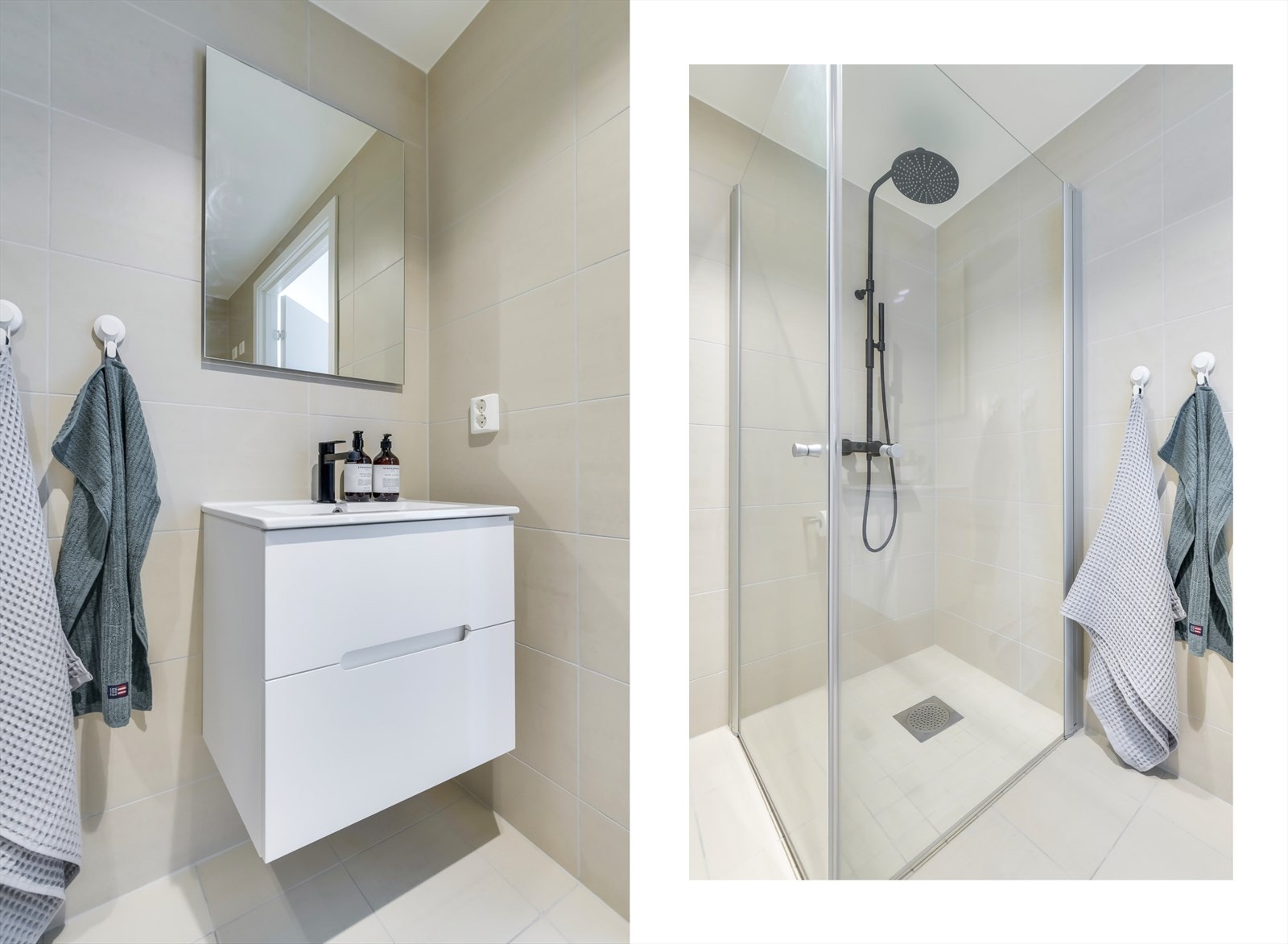 Det er videre vegghengt toalett, dusjhjørne med innfellbare dusjdører og opplegg for vaskemaskin. Galleribilde