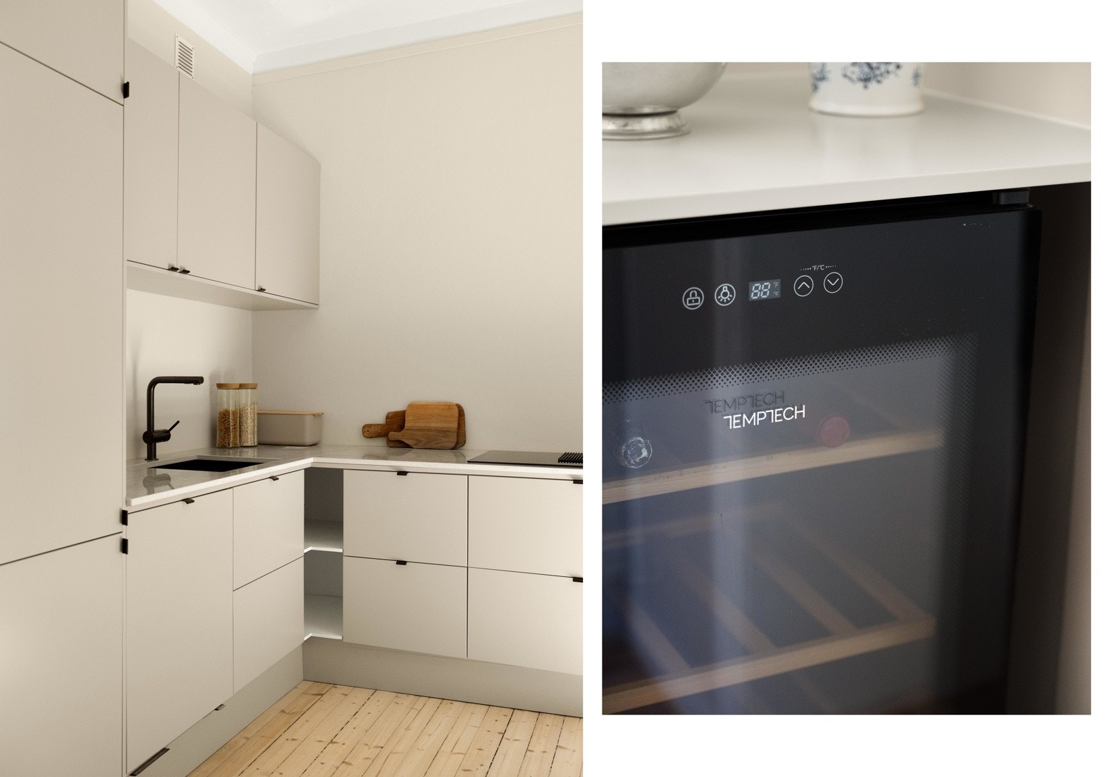 I tillegg til platetoppen fra Samsung, får du komfyr fra Bosch (accent line) med en rekke forhåndsinnstillinger til matprogrammer, samt oppvaskmaskin fra Asko. Det er også vinskap her inne! Galleribilde