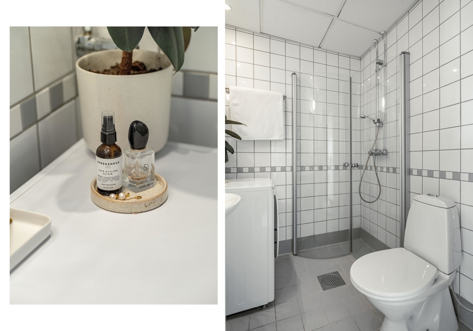 Badet er innredet med wc, dusjhjørne og servant med underskap. Det er opplegg for vaskemaskin og varmekabler i gulv. Galleribilde