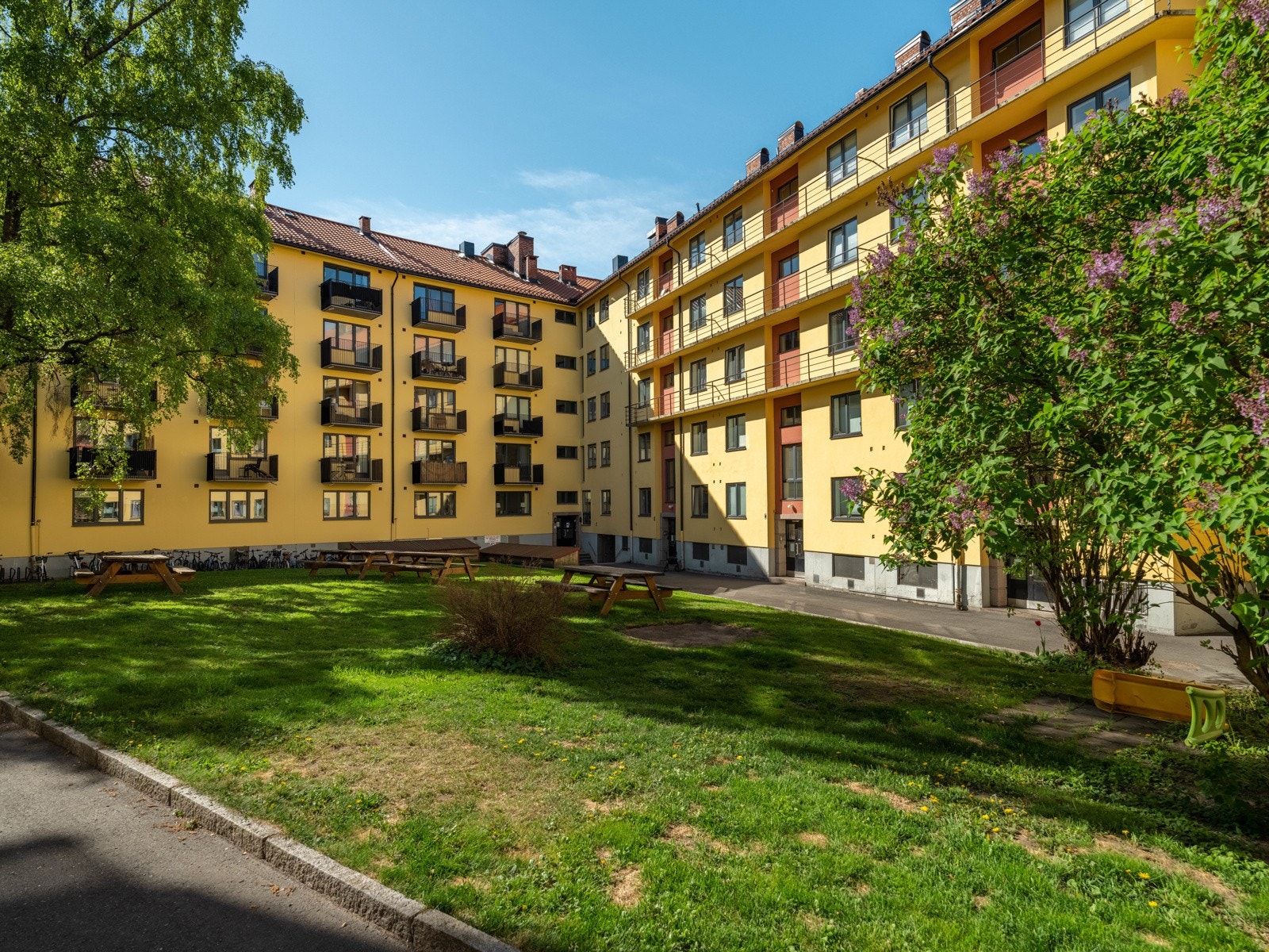 Frodig indre gårdsrom med sol fra ca. kl. 08:00 til 15:00 på sommerstid. Galleribilde