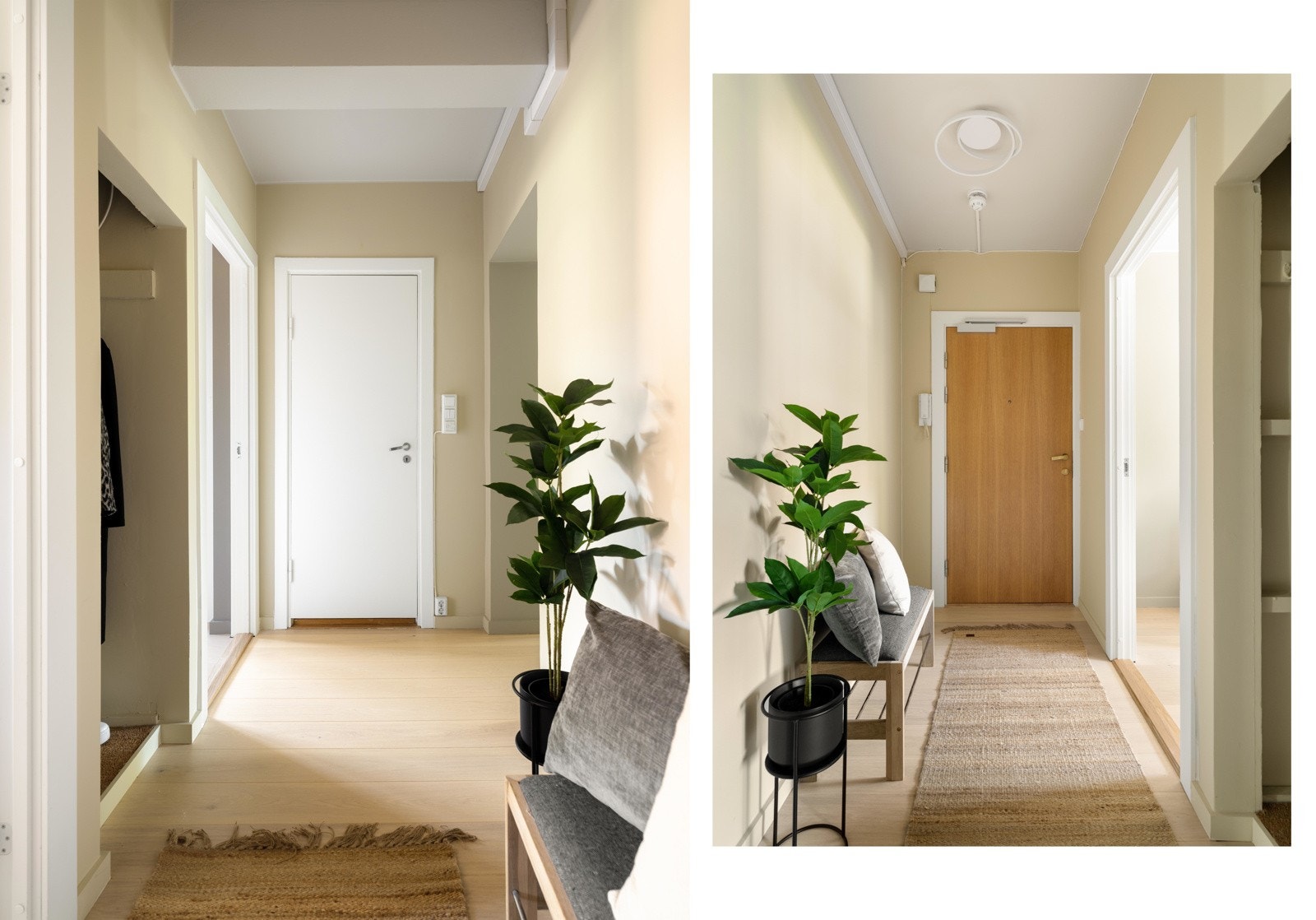 Entreen har god plass til oppheng av klær og plassering av sko i praktisk garderobenisje. For ekstra lagringsplass disponeres det en loftsbod på 3 m² og en kjellerbod på 4 m². Galleribilde
