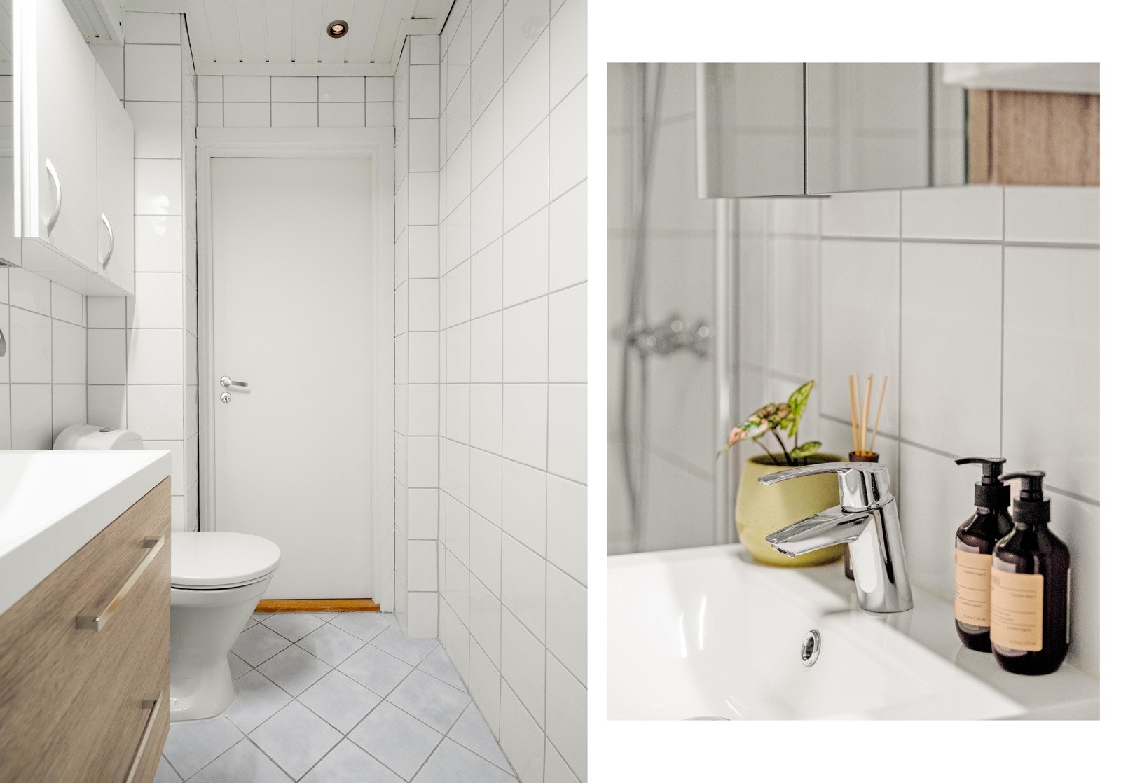 Badet er innredet med dusjsone og innfellbare glassdører, toalett og servantskap og speilskap med innredning. Galleribilde