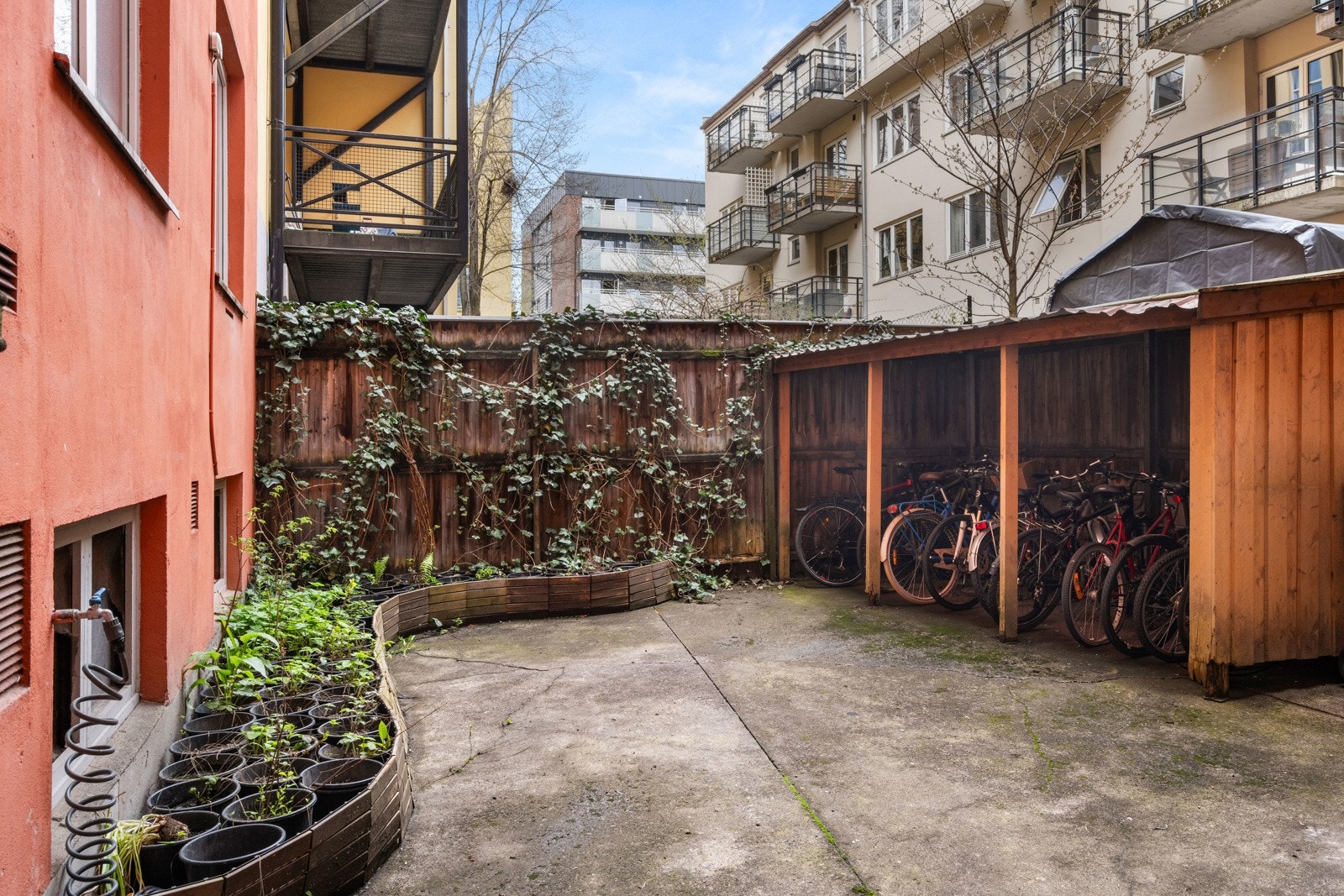 Hyggelig bakgård med mulighet for parkering av sykkel i felles sykkelskur. Galleribilde