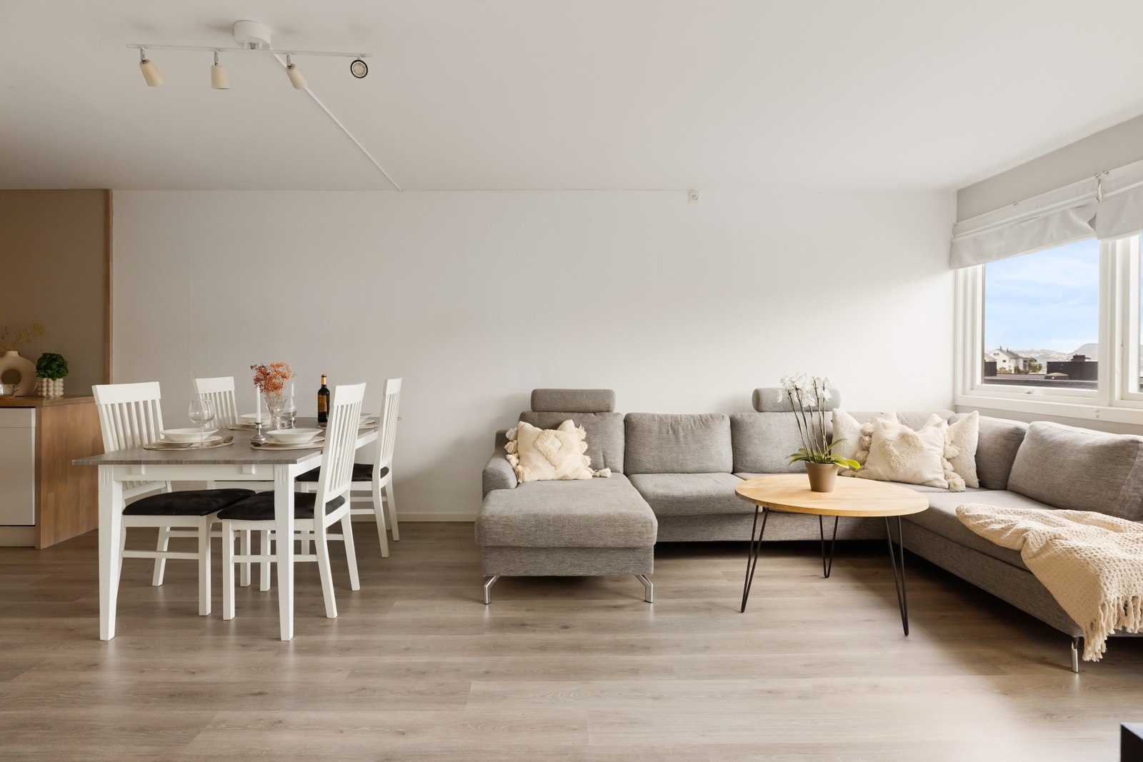 Det er god plass for både stor sofa og spisebord i den åpne løsningen Galleribilde
