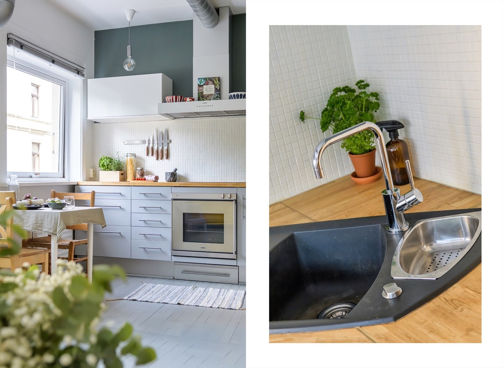 Over platetoppen er det installert en kjøkkenventilator fra Gaggenau. Stekeovnen er også fra samme kvalitetsmerke. Galleribilde