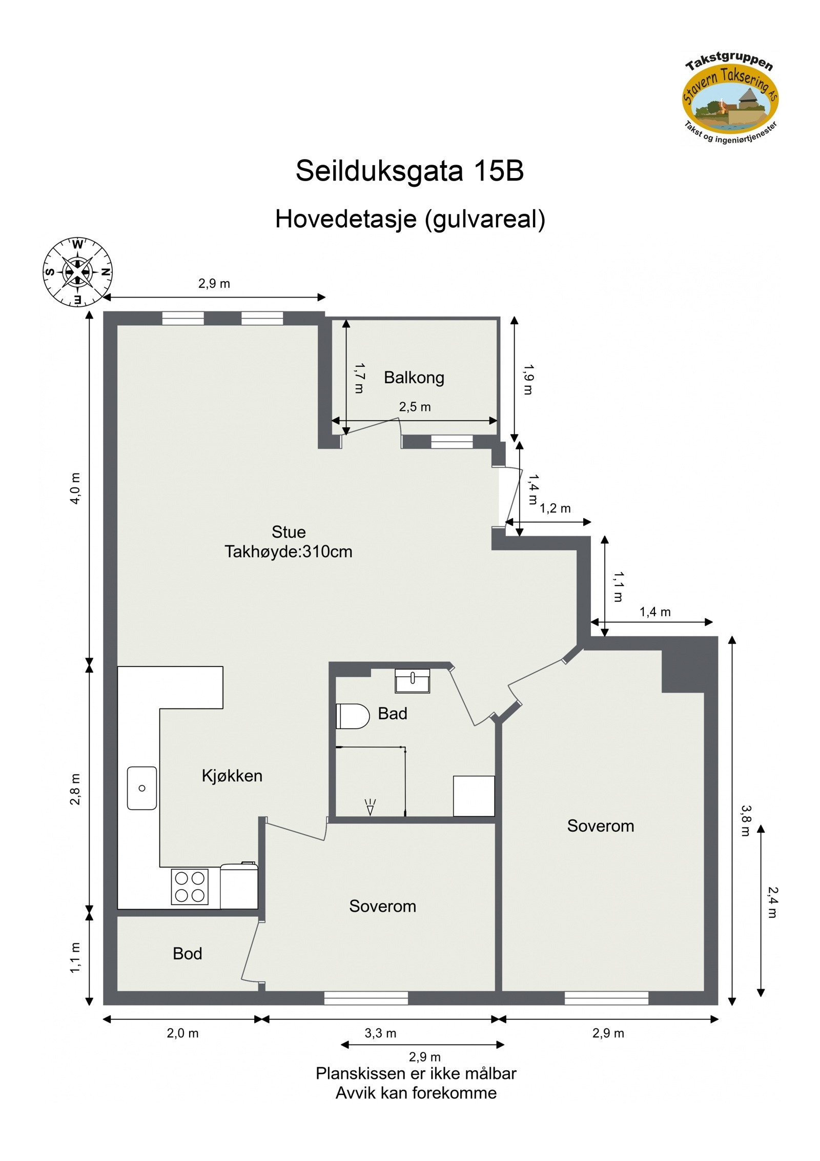 Plantegning med mål. Dette er en arealeffektiv og lys loftsleilighet beliggende i byggets 5. etasje. Galleribilde