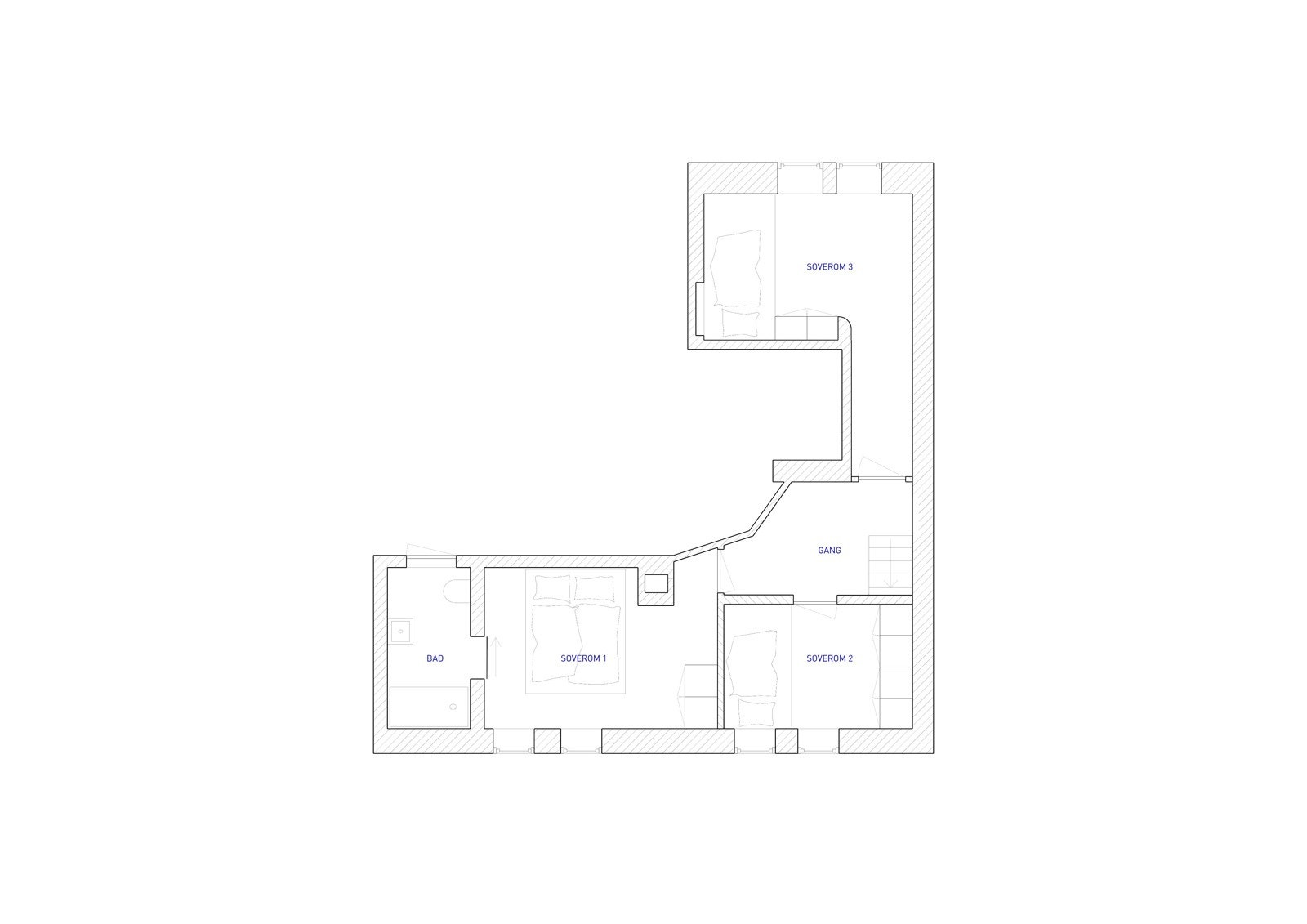 Alternativ plantegning. Bildet er tegnet av arkitekt og kun ment som inspirasjon. Det er kjøpers ansvar å gjøre videre undersøkelser for etablering av soverommet. Galleribilde