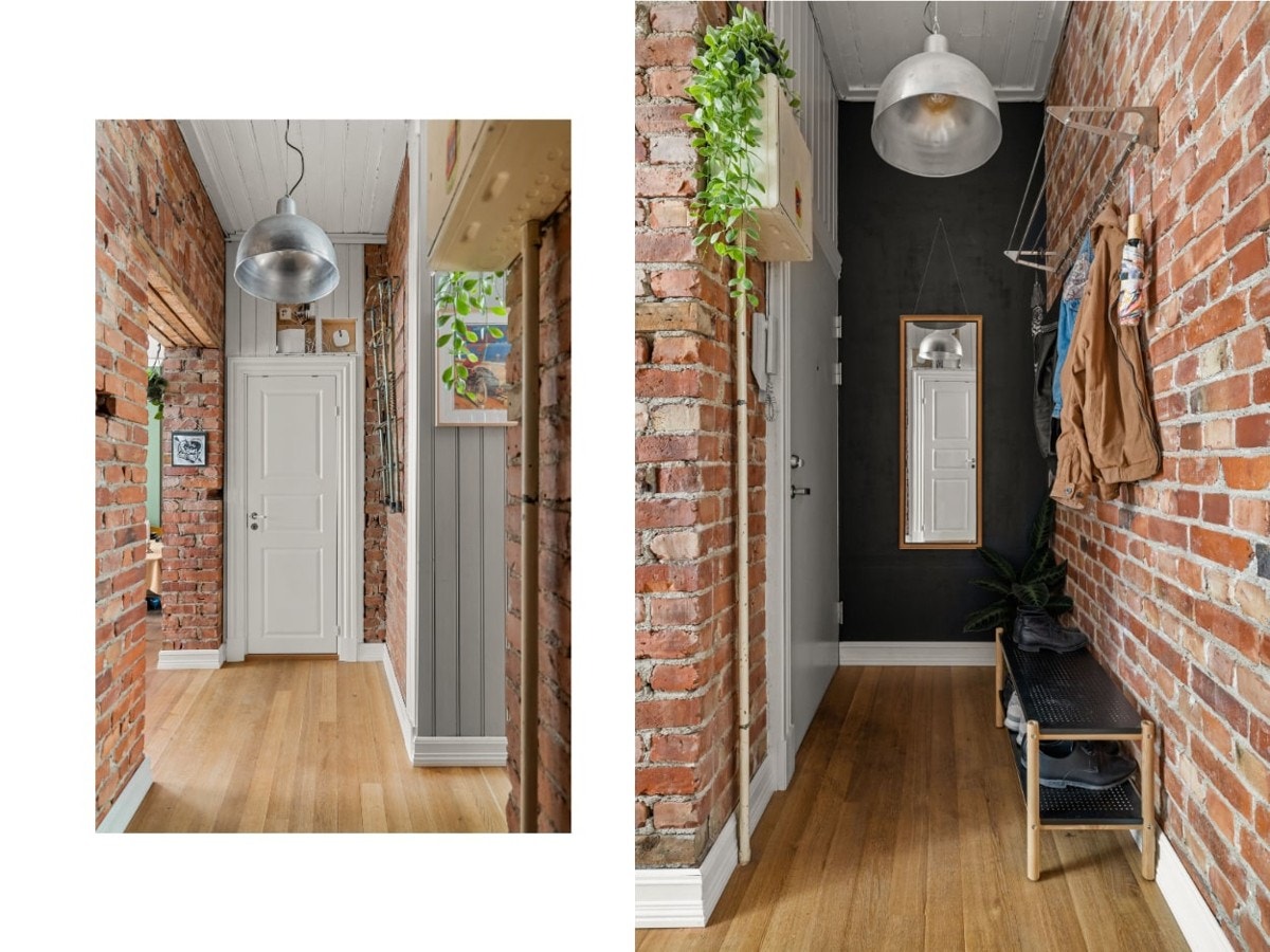 Det første du blir møtt med i leiligheten er mursteinsveggen som er kommet til live. Rett frem er badet. Galleribilde