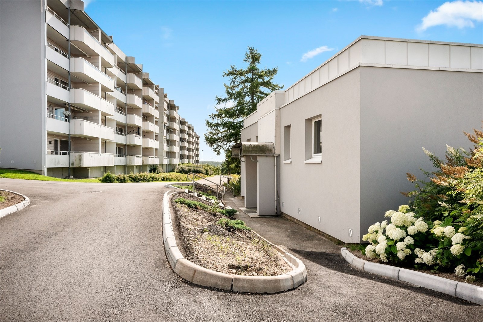 Fellesområdene er pent opparbeidet med asfalterte internveier og stor felles parkeringsplass. Galleribilde