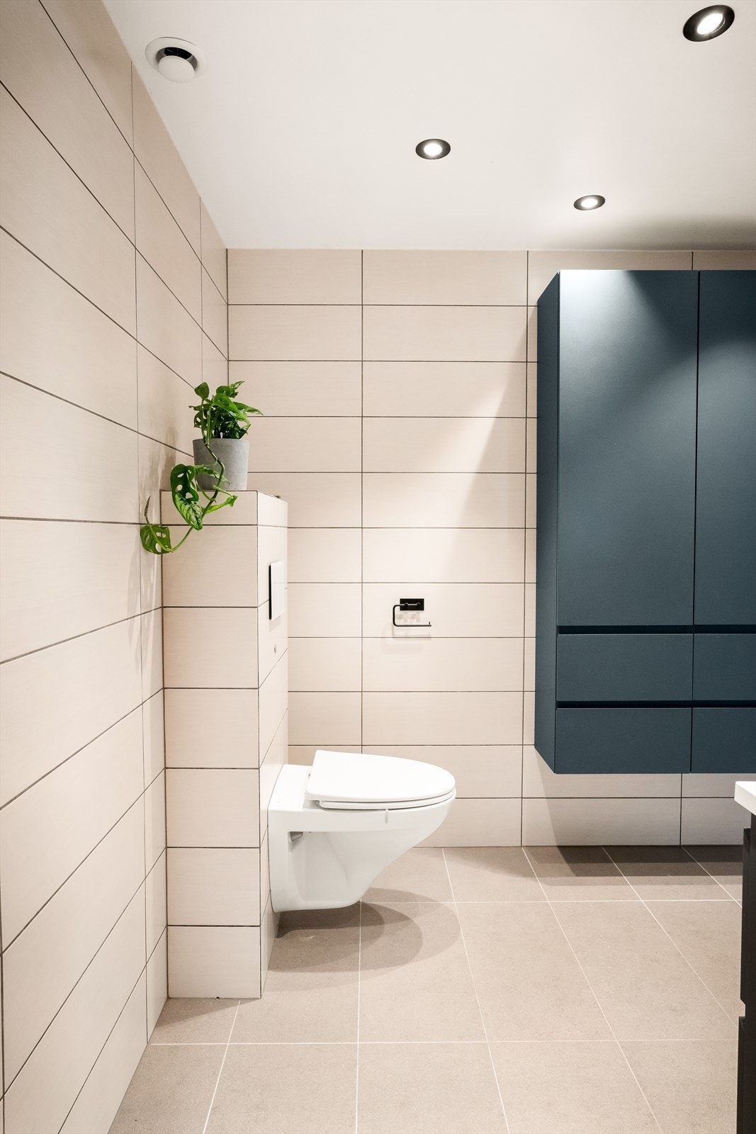 Videre inneholder badet et veggmontert toalett og et langskap for oppbevaring. Galleribilde