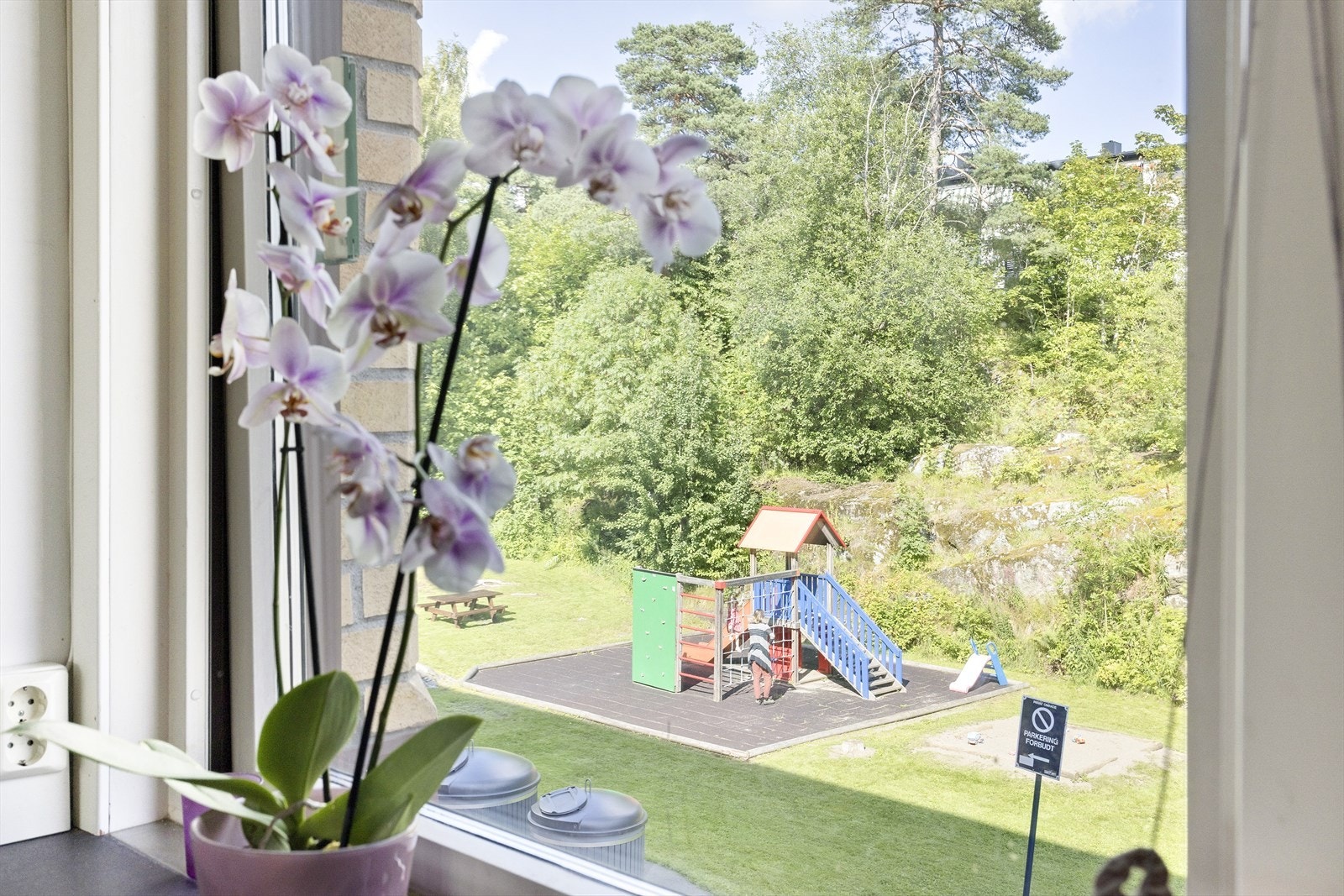 Hyggelig utsikt fra kjøkken til fine, grønne fellesarealer. Galleribilde