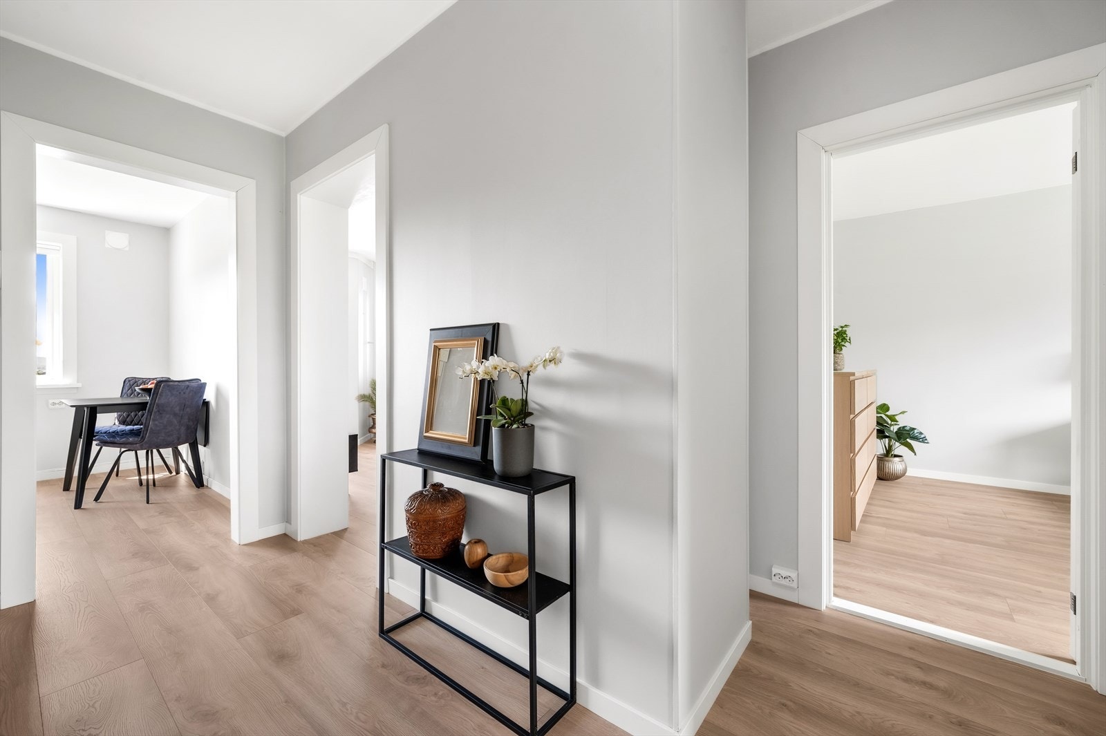 Entré har direkte tilgang til alle rommene i leiligheten og gjennomgående laminatgulv Galleribilde