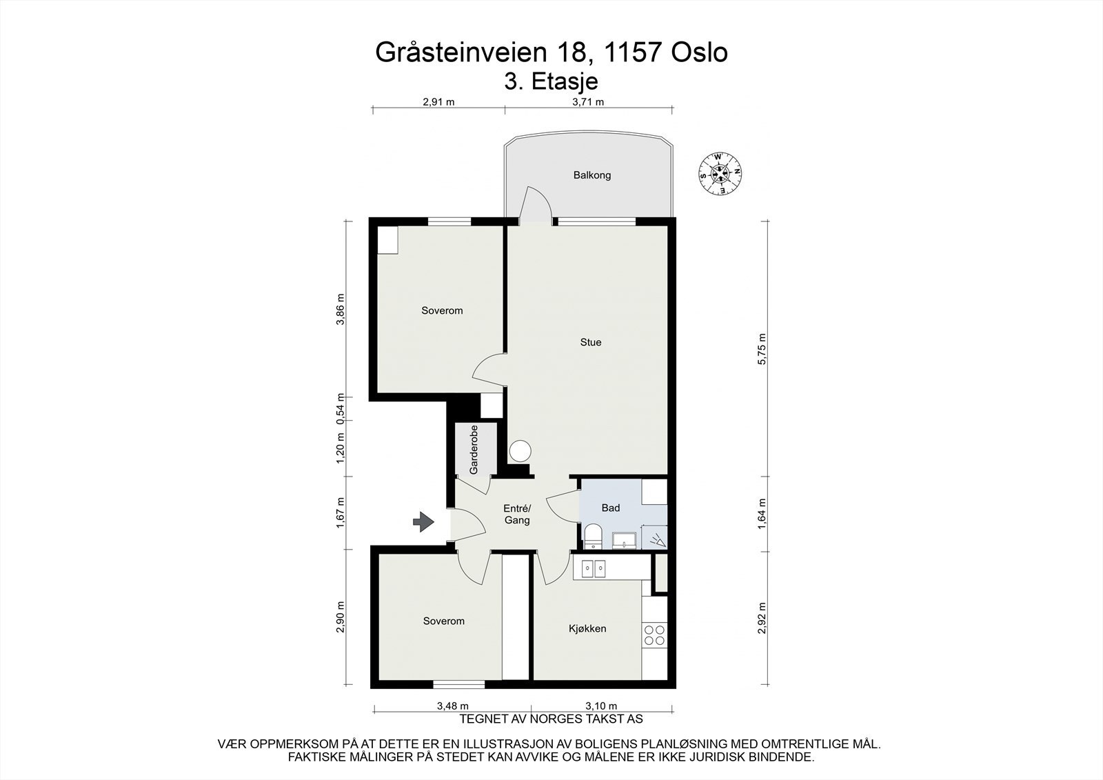 Plantegning. Leiligheten inneholder entré/gang med garderoberom, kjøkken, bad, stue/spisestue med utgang til balkong og 2 soverom. I tillegg disponerer leiligheten 2 boder i kjeller og 1 loftsbod. Galleribilde
