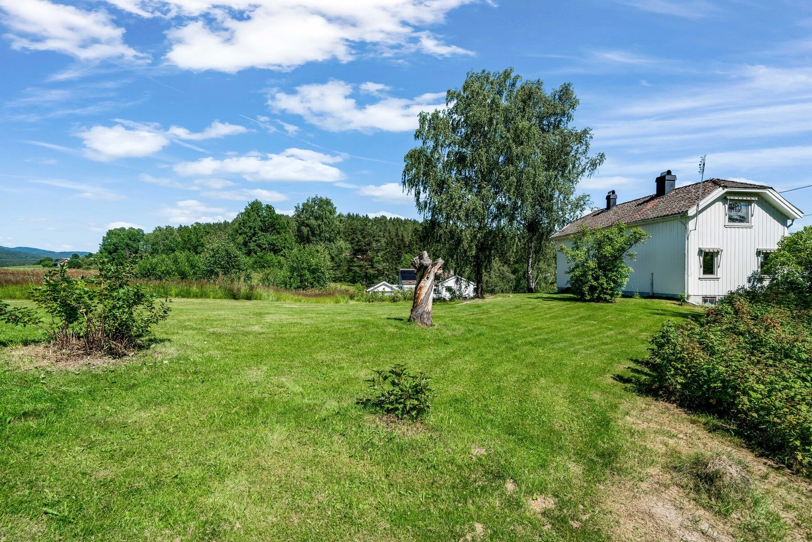 Eiendommen har stor hage, både på frem- og baksiden av huset, med forskjellige vekster. Galleribilde