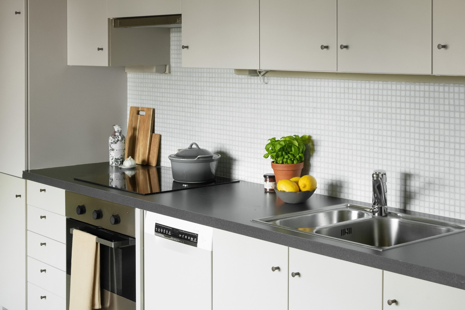 Hvitevarene består av integrert komfyr og induksjonstopp fra IKEA, oppvaskmaskin fra Bosch og et kombiskap. Galleribilde