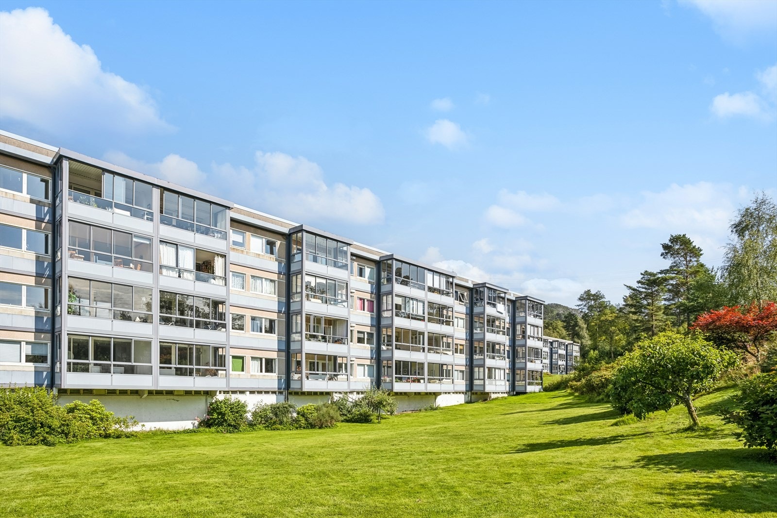 Boligblokken ligger tilbaketrukket til. Her bor du skjermet for innsyn og støy fra veien. Galleribilde
