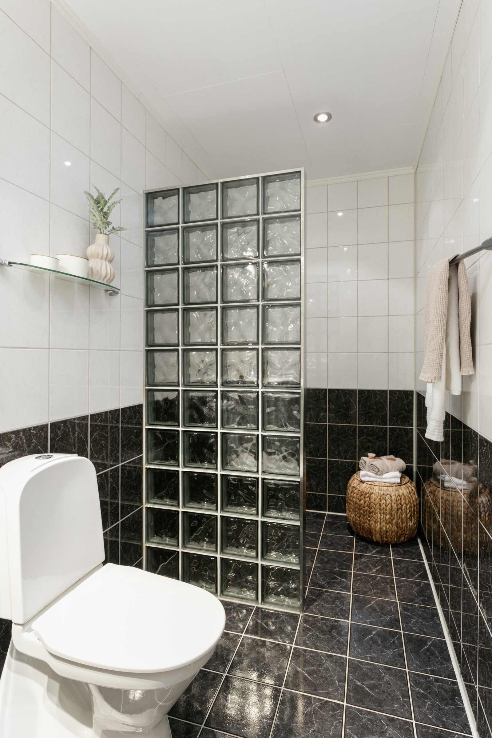 Romslig dusjhjørne hvorav den ene veggen av glassbyggerstein. Galleribilde