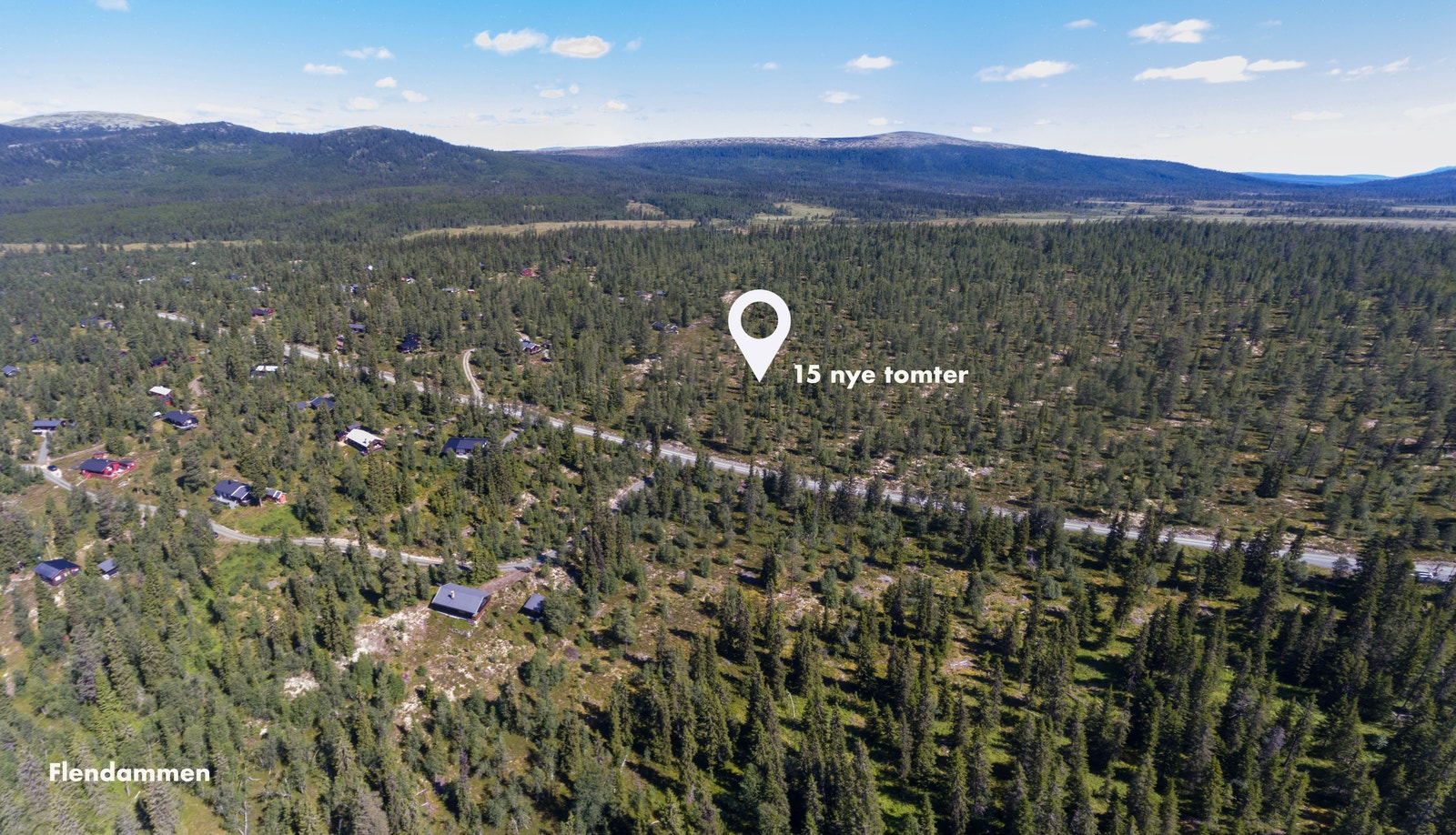 Hyttefeltene Nordre Flendammen, Flendammen og Drykkjedalen ligger alle i Rendalen kommune og Innlandet fylke Galleribilde