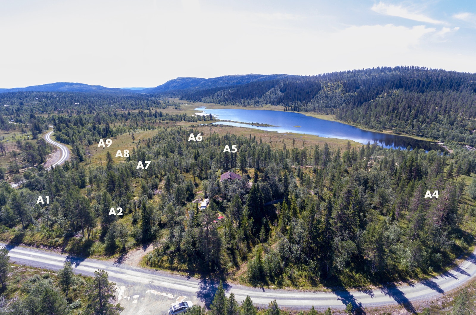 8 av 10 tomter med omtrentlig plassering i bilde ved Nordre Flendammen hyttefelt Galleribilde