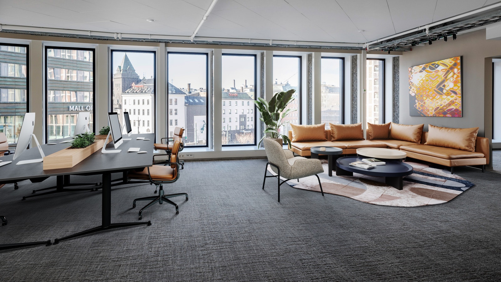 Lyse og luftige kontorlokaler med store vindusflater. Bildet er møblert ved hjelp av KI for å vise mulighetsrommet ved møblering av valg av arbeidsplasskonsept Galleribilde
