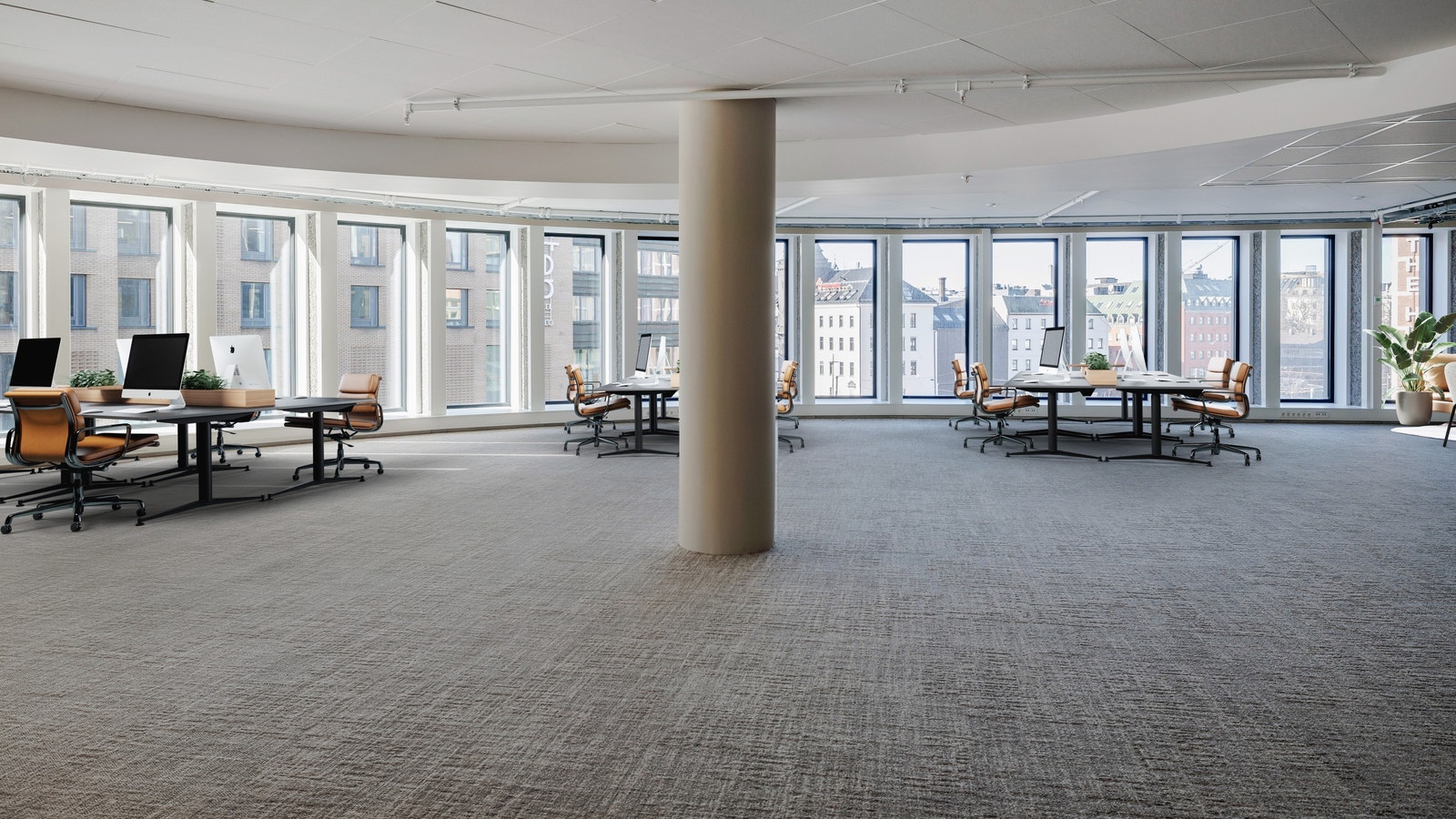 Lyse og luftige kontorlokaler med store vindusflater. Bildet er møblert ved hjelp av KI for å vise mulighetsrommet ved møblering av valg av arbeidsplasskonsept Galleribilde