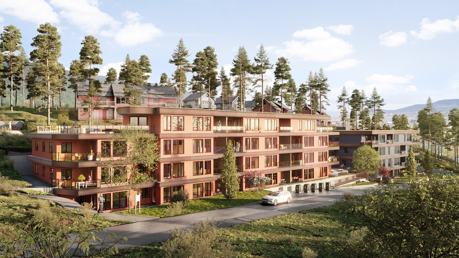 Bygg A og B forbindes med heis via gang eller svalgang, og hvert bygg har en egen, felles takterrasse med fantastisk utsikt. Galleribilde