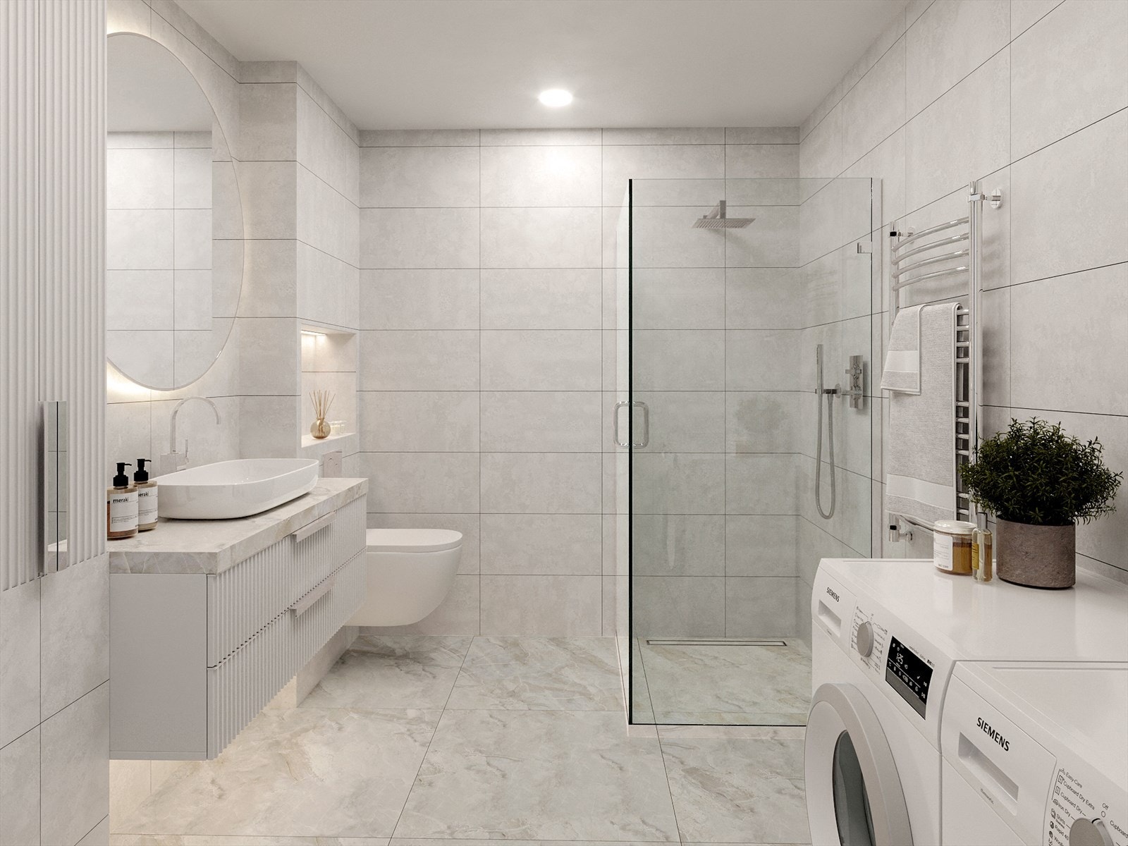 Badene leveres med keramiske flislagte gulv og vegger, med elektrisk varme i gulv. Innredningen vil bestå av 60 cm servantskap med vask og ett greps batteri. Romslig dusj og vegger i herdet glass. Galleribilde