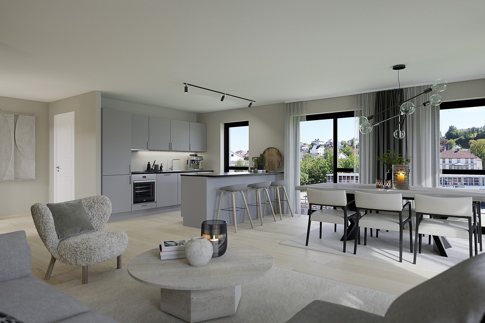 Leiligheten vil få en romslig og gjennomtenkt planløsning med flotte kvaliteter som store vindusflater, 1-stavs hvitlasert eikeparkett og vannbåren gulvvarme. Illustrasjon, avvik vil forekomme. Galleribilde