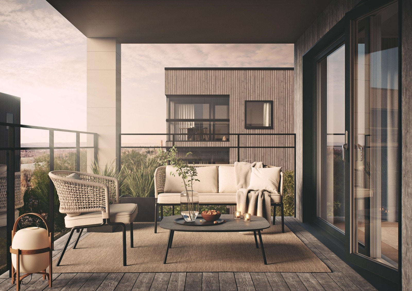 Alle leilighetene i prosjektet vil få flotte balkonger, som har fin plass til utemøbler etter ønske. Her sørger balkongen for å tilføre boligen et ekstra oppholdsområde utendørs. Illustrasjon av balkong - det vil bli avvik fra illustrasjon og leveranse. Galleribilde