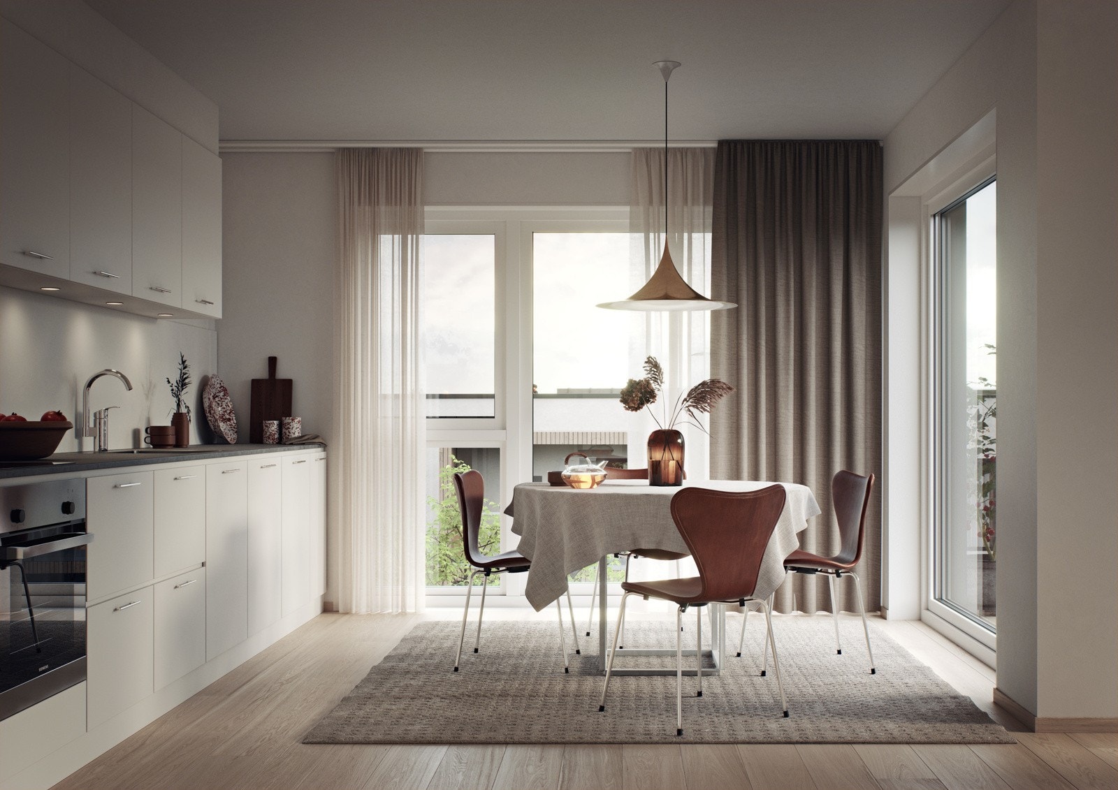 Det vil bli Ievert delikat kjøkken med glatte fronter og integrerte hvitevarer. God avsatt plass til spisebord mellom stuen og kjøkkenet. lllustrasjon av kjøkken - avvik vil forekomme Galleribilde