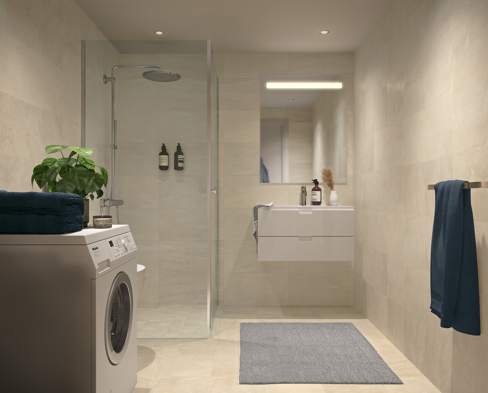 Det leveres et meget lekkert bad, med fliser i tidsriktige og harmoniske farger. Varme i gulv, samt downlightsbelysning i himling. Illustrasjon av bad - avvik vil forekomme Galleribilde