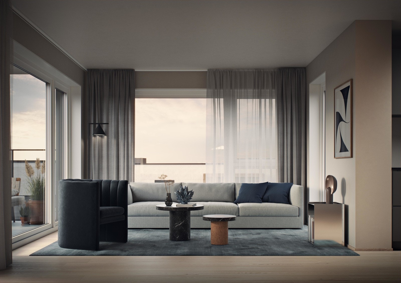 Lys 1-stavs hvitpigmentert eikeparkett av høy kvalitet strekker seg sømløst fra stuen og inn i de øvrige oppholdsrom i boligen. Grunnpakke for kabel-TV og internett er inkl. i felleskostnadene. Illustrasjon av stue - avvik vil forekomme Galleribilde