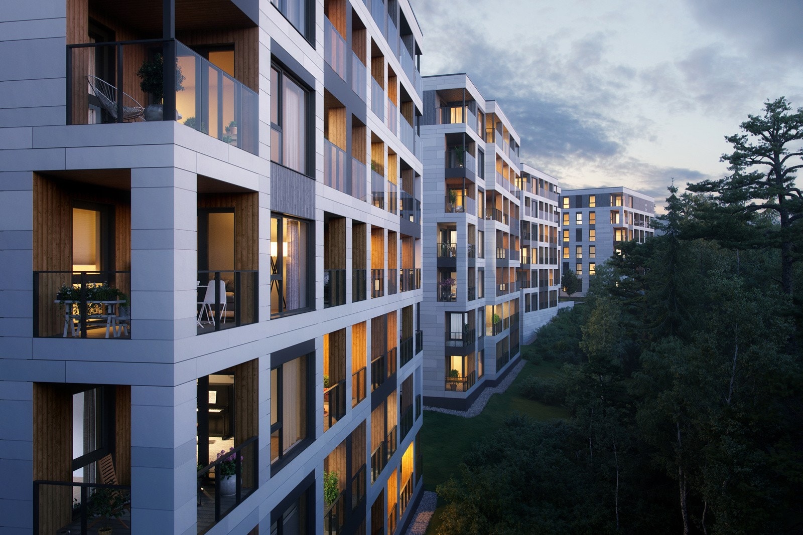 Moderne kvalitetsleiligheter. Boligene har høy standard kombinert med praktiske løsninger i en travel hverdag. Fra hver etasje går det heis rett ned i garasjeanlegget. Illustrasjon av fasade. Galleribilde