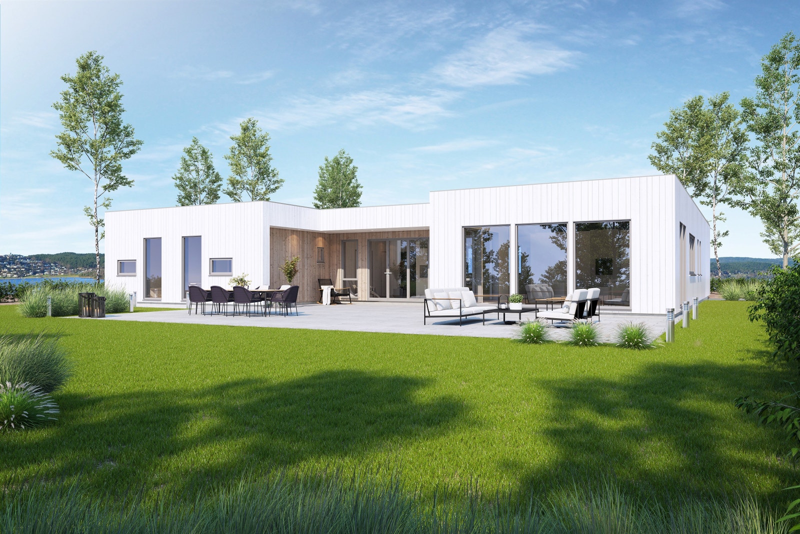 Bolig sett fra sjøsiden (generell illustrasjon, bakgrunn er ikke fra denne tomten) Galleribilde