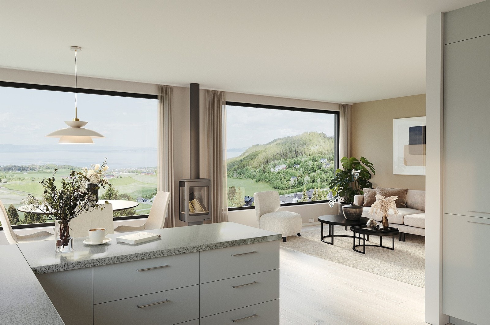 Stue fra kjøkken. Illustrasjoner er av illustrativ karakter og avvik kan forekomme Galleribilde