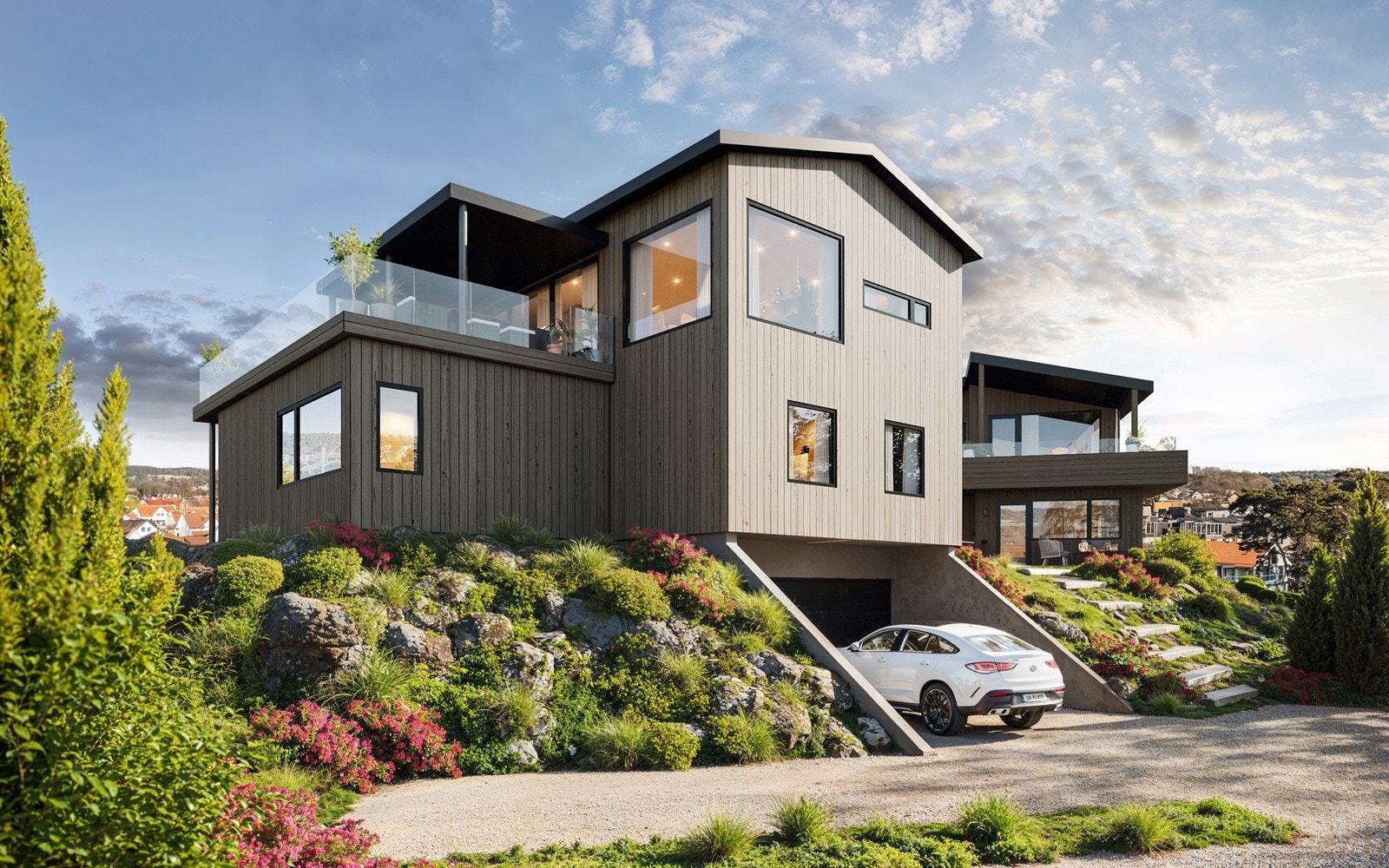 Bilde av eneboligen som vil bli bygget i front av tomannsboligen/kjedet enebolig som er til salgs. Illustrasjonsbilde: Bildet viser ikke nødvendigvis helt korrekt ferdigstillelse av prosjektet. Galleribilde