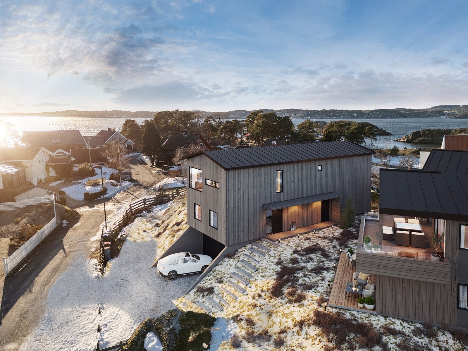 En eneboligen vil bli bygget i front av tomannsboligen/kjedet enebolig. Illustrasjonsbilde: Bildet viser ikke nødvendigvis helt korrekt ferdigstillelse av prosjektet. Galleribilde