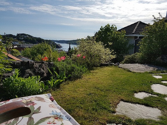 Her er hagen med utsikt til Tromøysund. Galleribilde