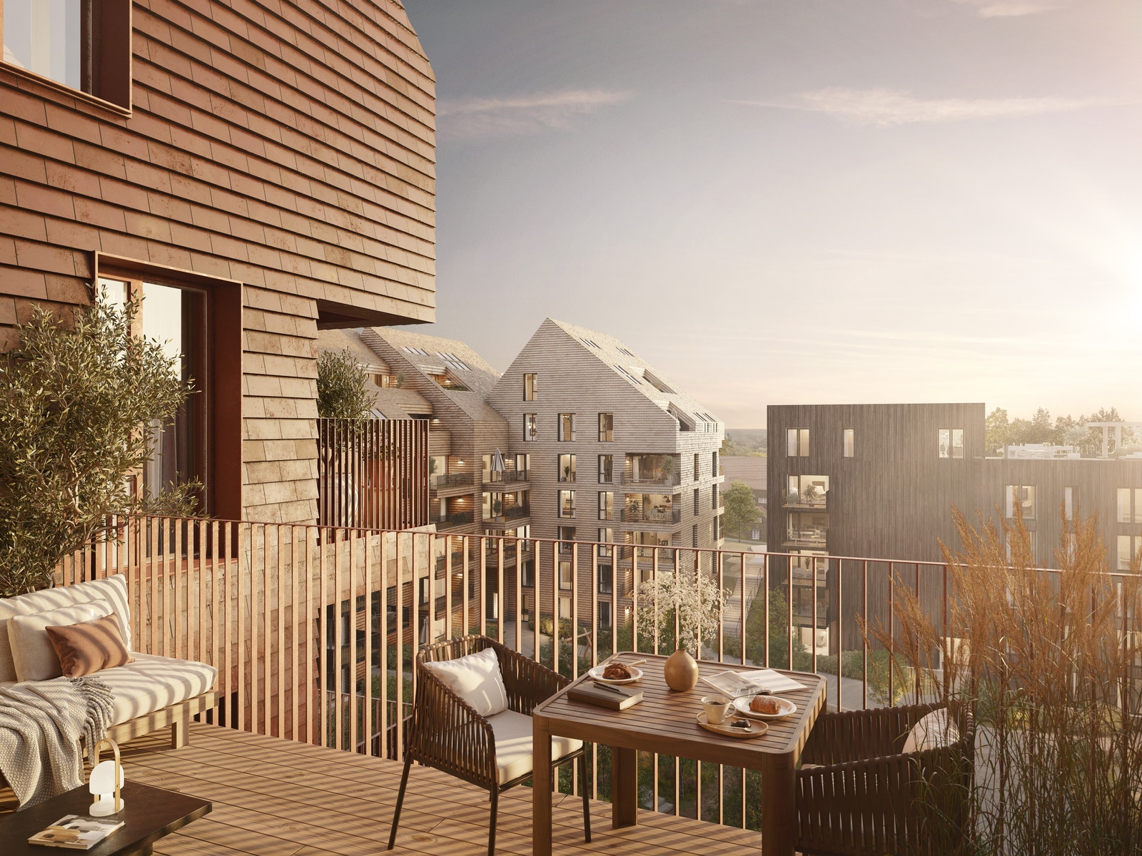 Leiligheten har utgang til en egen romslig sydvendt takterrasse. Bildet er en illustrasjon for presentasjon av prosjektet men er ikke utarbeidet for denne leiligheten, avvik forekommer Galleribilde