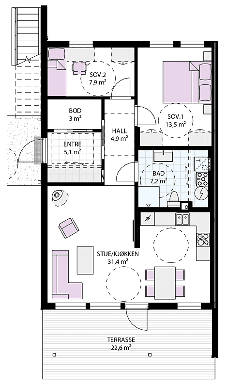 3- roms - nr. 64 - 1 etasje i hus 6 Galleribilde