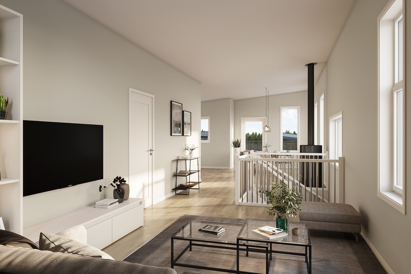 Illustrasjon - Hus 17, 20 og 21 - Moderne stue med skråhimling i tak Galleribilde