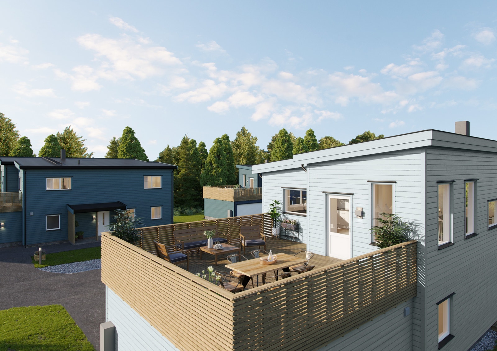 Romslige uteområder - Ulike boliger (Illustrasjon: fra hus 19) Galleribilde